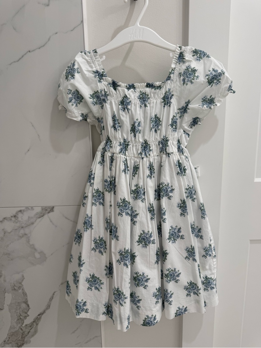 Edgehill Collection White Dress with Blue Floral Print